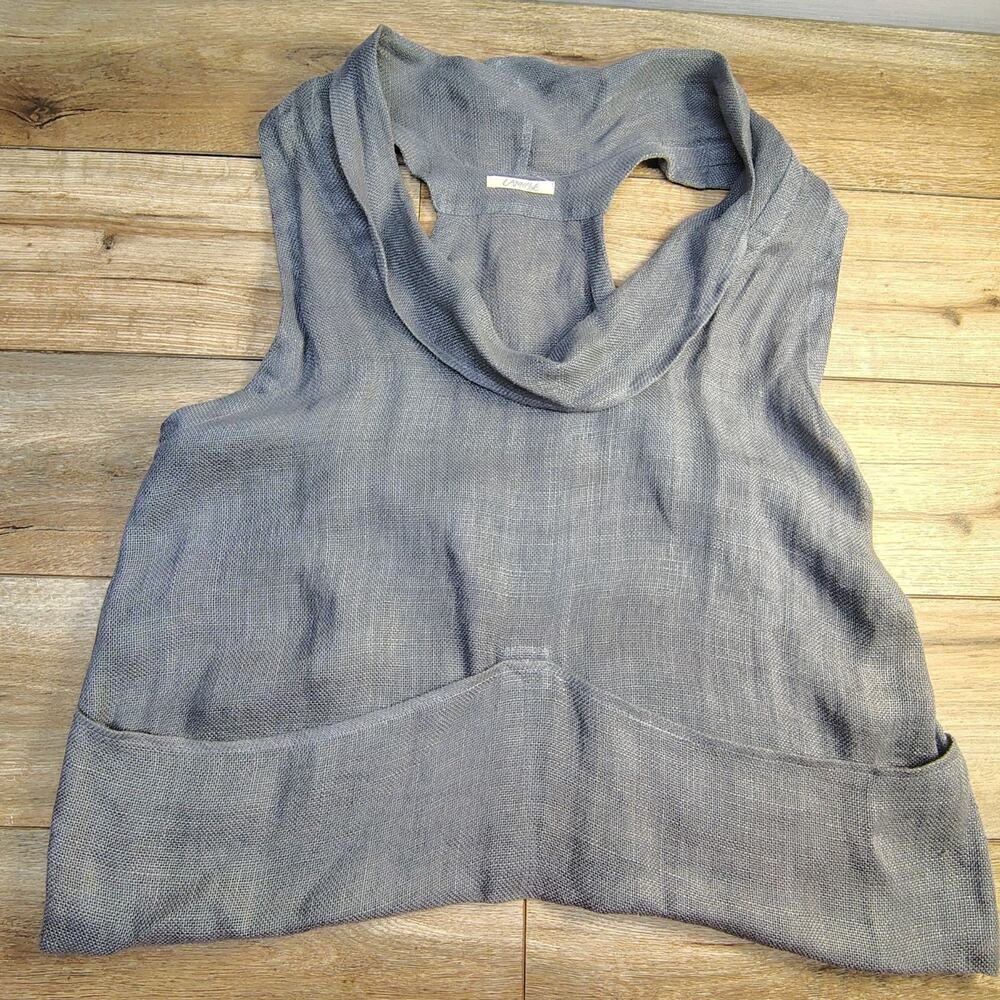Free People 100% Linen Swing It Cowl Neck Tank Grey Waffle Knit Oversized Racerb